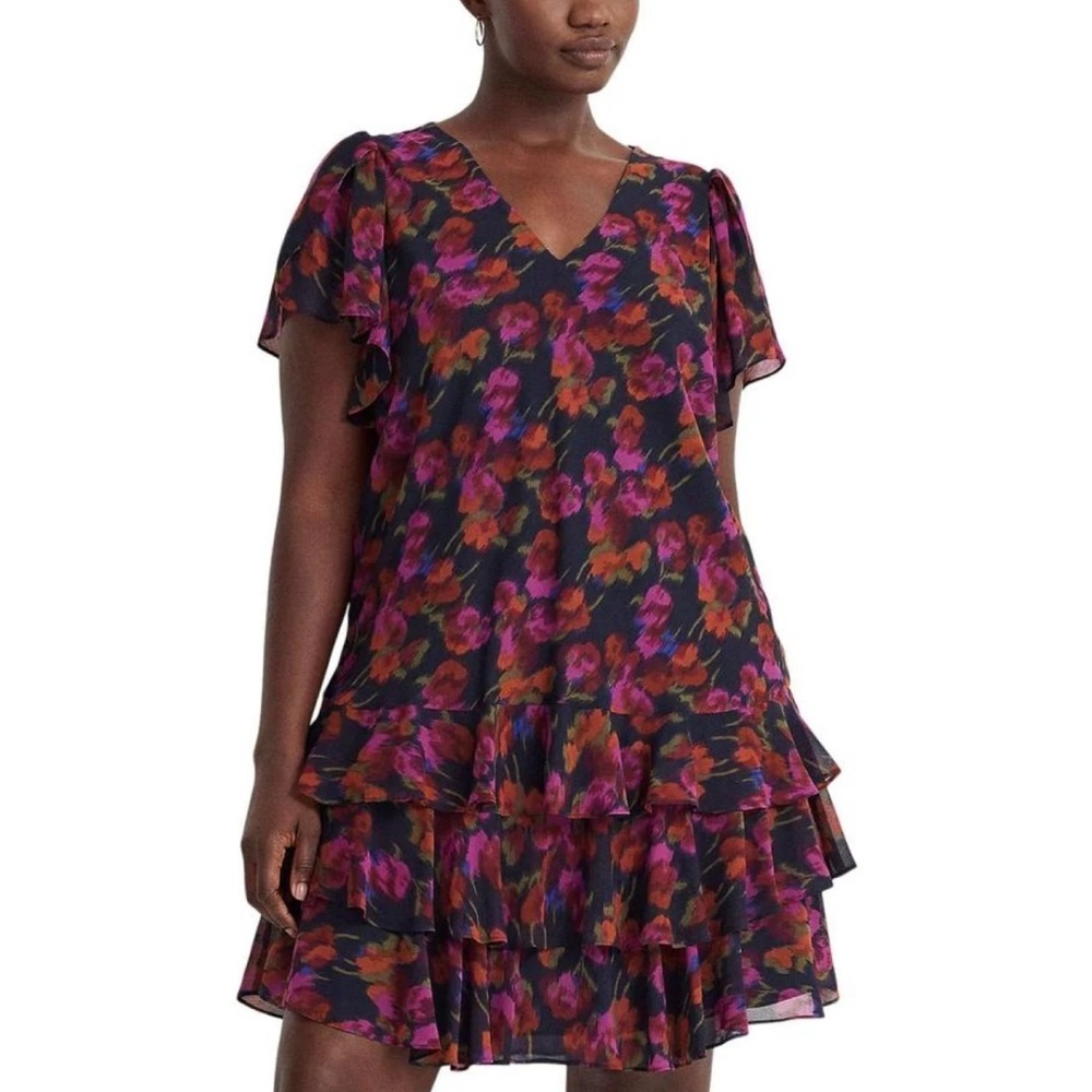 Lauren Ralph Lauren Dark Floral Georgette Drop Waist Ruffle Dress Size 16